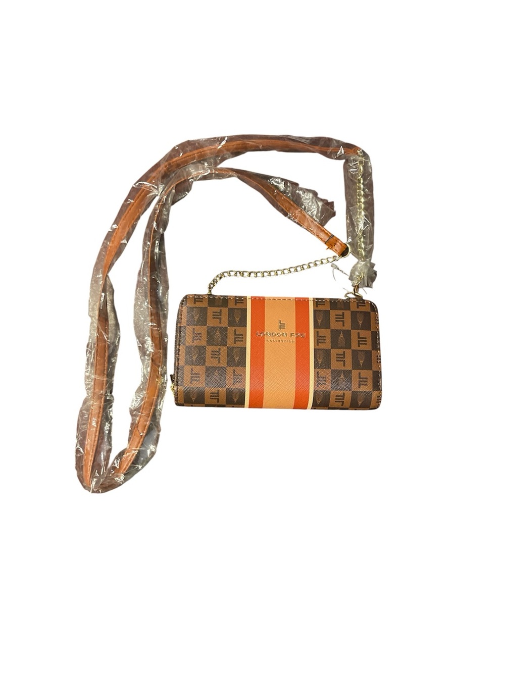 London Fog Brown and Orange Monogram Crossbody Wallet